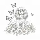 cavalier king charles spaniel playing in flowers with butterfly tattoo design idea