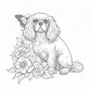 cavalier king charles spaniel playing in flowers with butterfly tattoo design idea