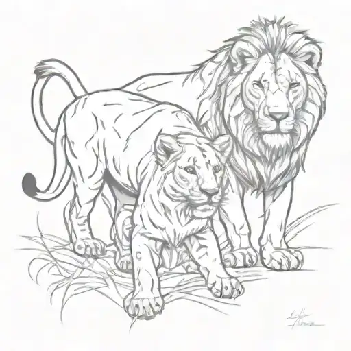 lion lioness 2 lion cubs playing tattoo design idea