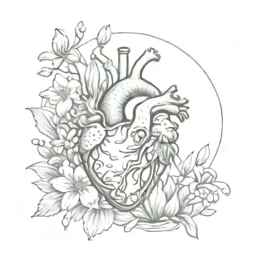 Anatomical heart, water coming outwith a daisy, sweet pea flowers and lily of the valley flowers tattoo design idea