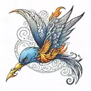 a cute sideways flying firebird, feathers with elements of flames, with fluffy wings tattoo design idea