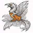 a cute sideways flying firebird, feathers with elements of flames, with fluffy wings tattoo design idea