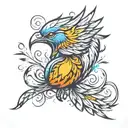 a cute sideways flying firebird, feathers with elements of flames, with fluffy wings tattoo design idea