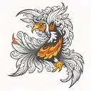 a cute sideways flying firebird, feathers with elements of flames, with fluffy wings tattoo design idea