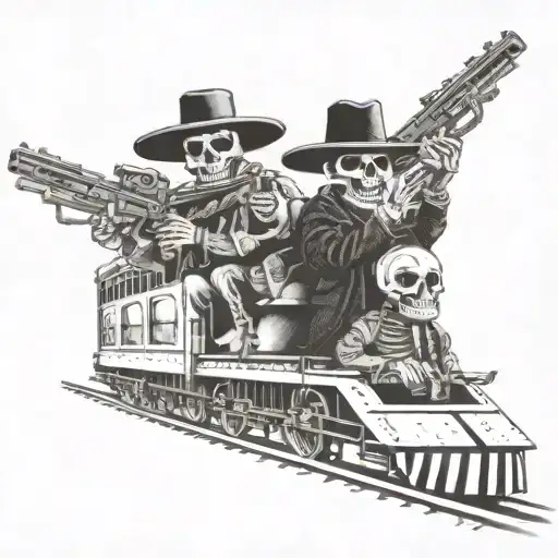 skeleton mariachi bandits riding front of train wearing sombreros and holding rifles tattoo design idea