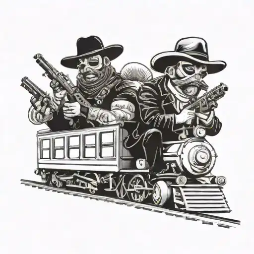 bandits riding front of train wearing sombreros and holding guns tattoo design idea