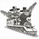 skeleton mariachi bandits riding front of train wearing sombreros and holding rifles tattoo design idea