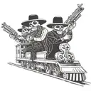 skeleton mariachi bandits riding front of train wearing sombreros and holding rifles tattoo design idea