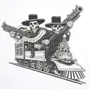 skeleton mariachi bandits riding front of train wearing sombreros and holding rifles tattoo design idea