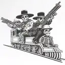 skeleton mariachi bandits riding front of train wearing sombreros and holding rifles tattoo design idea