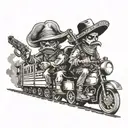 bandits riding front of train wearing sombreros and holding guns tattoo design idea