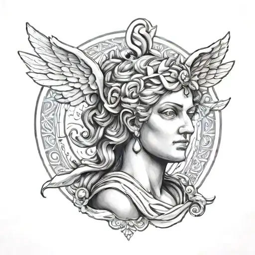greek goddess nike, realistic, statue, whole body tattoo design idea