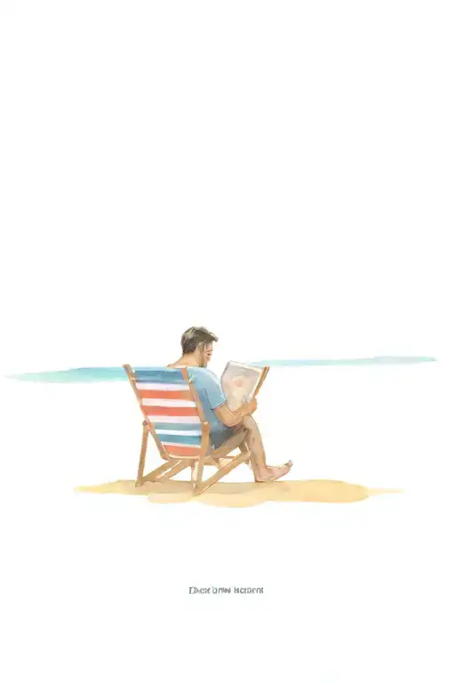 man sitting on a beach chair, reading a book with coffee mugnear sea side view with "dolce far niente" writing around tattoo design idea