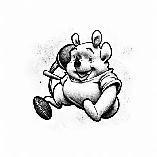 Winnie the Pooh breakdancing with a football and a microphone, surrounded by hip-hop graffiti art tattoo design idea