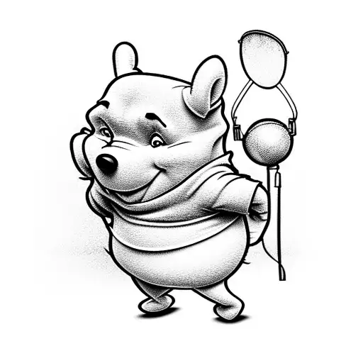 Winnie the Pooh breakdancing with a football and a microphone, surrounded by hip-hop graffiti art tattoo design idea