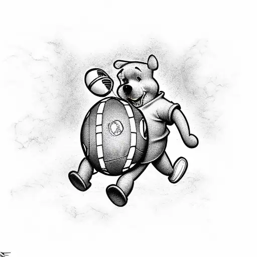 Winnie the Pooh breakdancing with a football and a microphone, surrounded by hip-hop graffiti art tattoo design idea