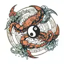 a broken full moon merged with a Yin Yang symbol, a crab fighting two snakes with exposed bones,  waves below.  tattoo design idea
