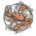 a broken full moon merged with a Yin Yang symbol, a crab fighting two snakes with exposed bones,  waves below.  tattoo design idea