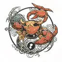 a broken full moon merged with a Yin Yang symbol, a crab fighting two snakes with exposed bones,  waves below.  tattoo design idea