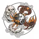 a broken full moon merged with a Yin Yang symbol, a crab fighting two snakes with exposed bones,  waves below.  tattoo design idea