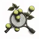 A tennis racket transformed into a tree with tennis balls as fruit tattoo design idea