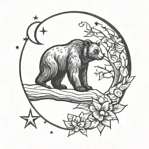 bear looking at moon with iris flowers and stars forming the shape tattoo design idea