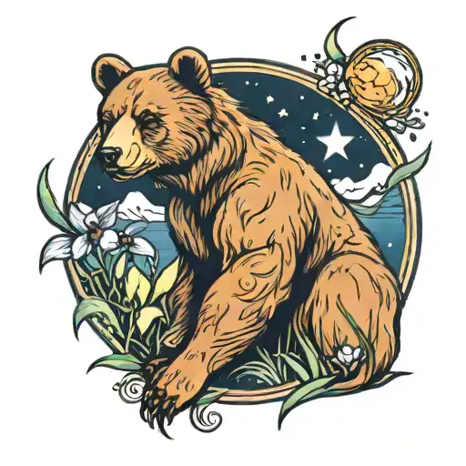 bear looking at moon with iris flowers and stars tattoo design idea