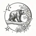 bear looking at moon with iris flowers and stars forming the shape tattoo design idea