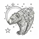 bear looking at moon with iris flowers and stars forming the shape tattoo design idea