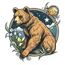 bear looking at moon with iris flowers and stars tattoo design idea