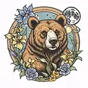 bear looking at moon with iris flowers and stars tattoo design idea