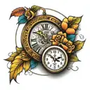 the words "one day at a time" on a clock surrounded tattoo design idea