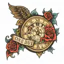 the words "one day at a time" on a clock surrounded tattoo design idea
