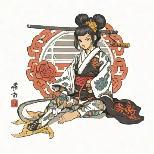 black girl with lock in samurai oufit tattoo design idea