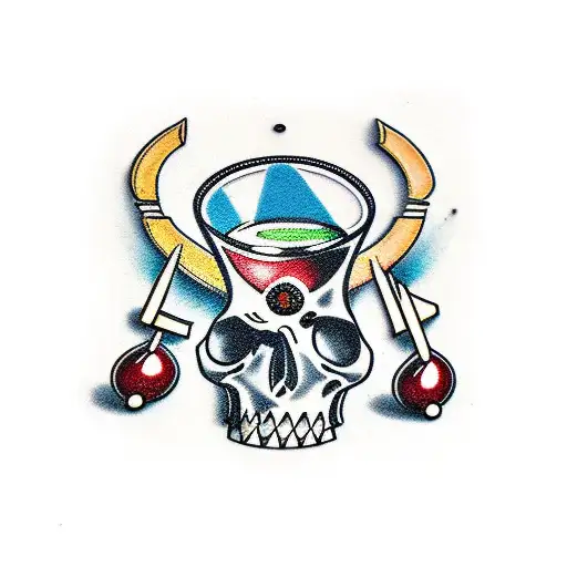 martini glass with small skulls as olives on a toothpick tattoo design idea