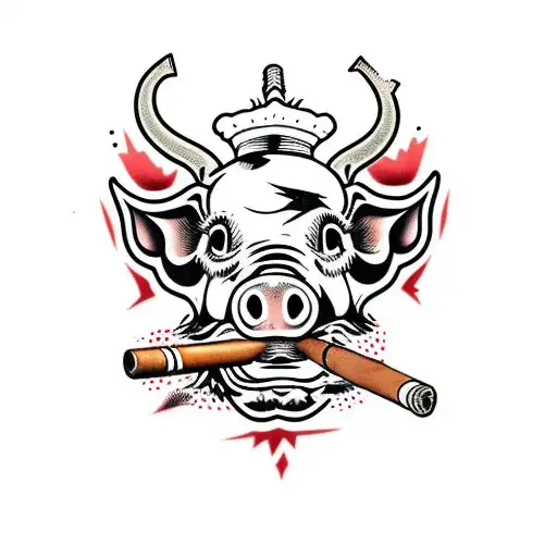 dead pig head with cigar in mouth  tattoo design idea