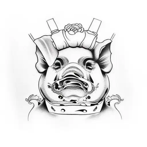 dead pig with chefs knife in head tattoo design idea