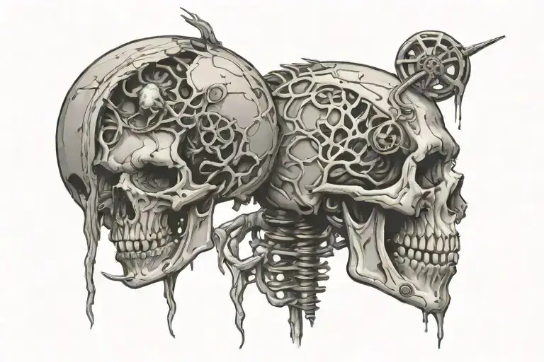 Skelton fishing with cracked open skull with worms for brains hooking worm as skeleton casts tattoo design idea