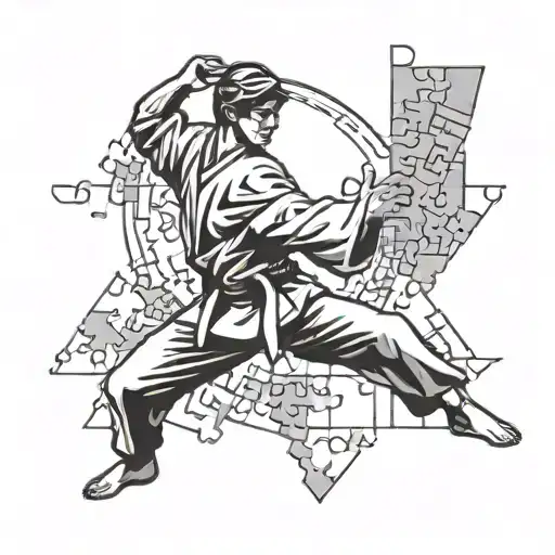 Design a tattoo of a karate kid practicing martial arts with puzzle pieces forming the background tattoo design idea