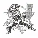Design a tattoo of a karate kid practicing martial arts with puzzle pieces forming the background tattoo design idea
