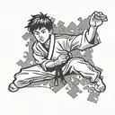 Design a tattoo of a karate kid practicing martial arts with puzzle pieces forming the background tattoo design idea