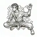 Design a tattoo of a karate kid practicing martial arts with puzzle pieces forming the background tattoo design idea