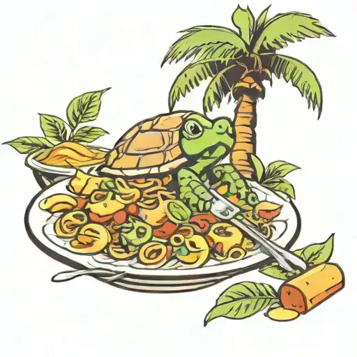 a turtle eating a plate of rigatoni under a palm tree tattoo design idea