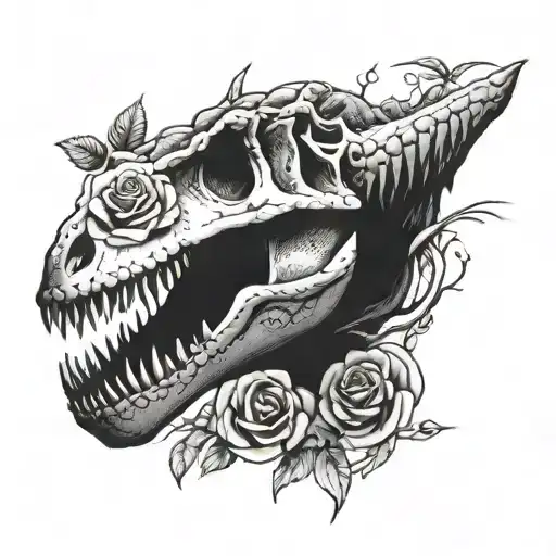 t rex skull with rose growing tattoo design idea