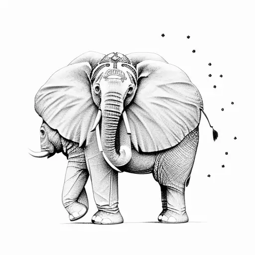 elephant with hawthorn, violet and  cosmos, daisy ,  tattoo design idea