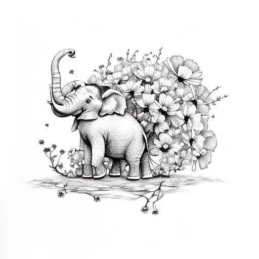 elephant with hawthorn, violet and  cosmos, daisy ,  tattoo design idea