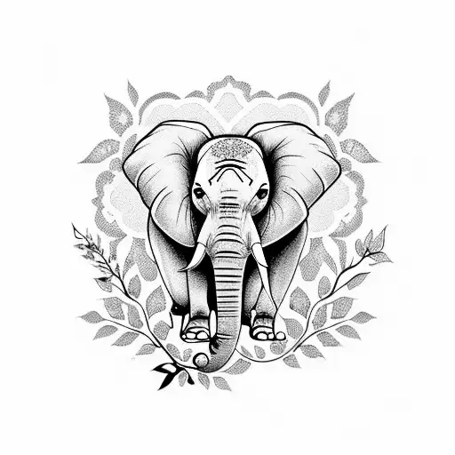 elephant with hawthorn, violet and  cosmos, daisy ,  tattoo design idea