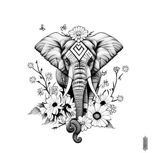 elephant with hawthorn, violet and  cosmos, daisy ,  tattoo design idea