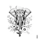 elephant with hawthorn, violet and  cosmos, daisy ,  tattoo design idea