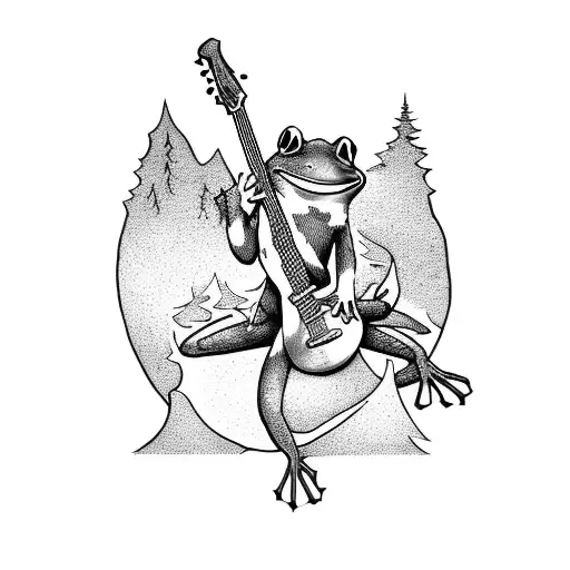 A fantasy movie scene with a frog playing a guitar in a magical forest tattoo design idea